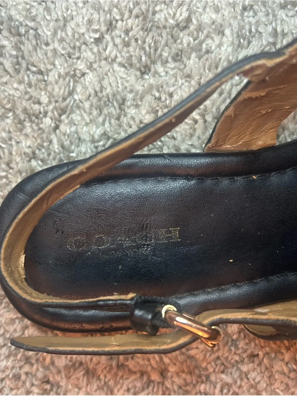 Coach Classic Black Leather T-Strap Sandals with Gold Hardware